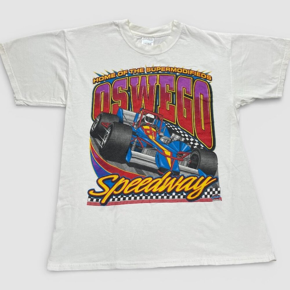 Vintage Oswego Speedway New York Car Super Modified Racing T-shirt White L